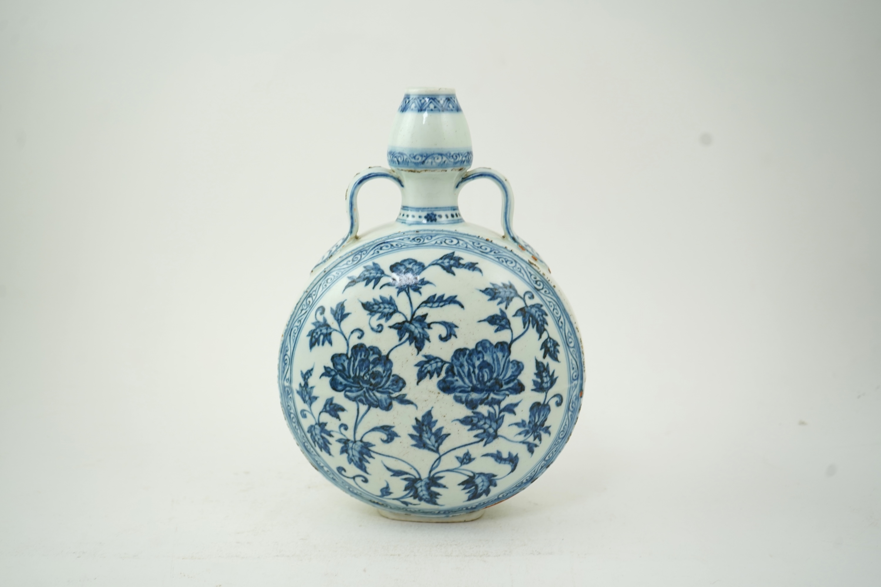 A Chinese blue and white moon flask, bianhu, in Ming style